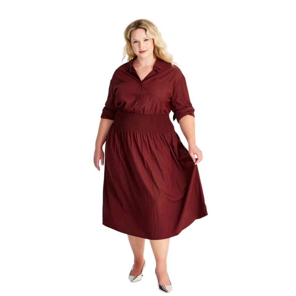 Women's Collared Long Sleeve Burgundy Midi Dress‎ Future Collective Size XXL
